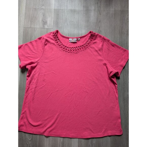 Quacker Factory 1X Pink Cotton Blend Top W/ Embellished Looped Neckline - Picture 3 of 4